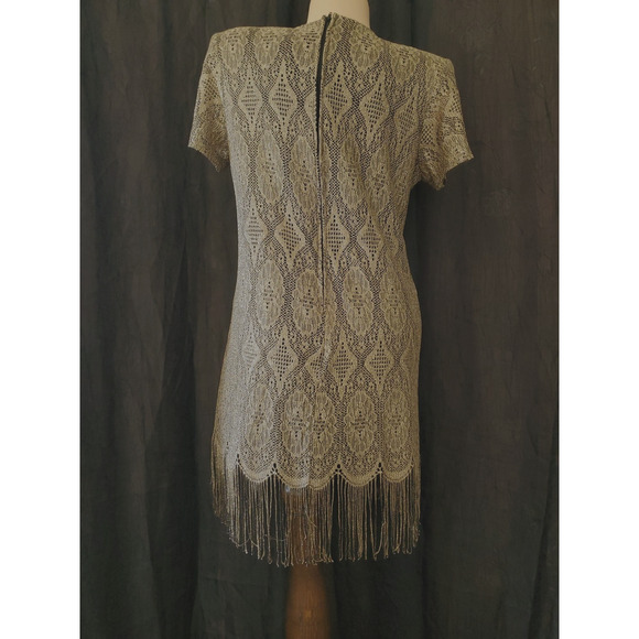 80's Vintage SHAIR AIDE Cocktail Dress CROCHET GOLD LACE Flapper Fringe SIZE 10 - Picture 6 of 10
